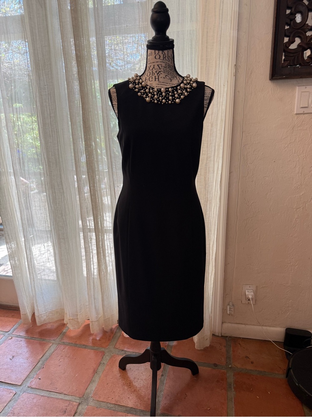 Calvin Klein Black Midi Dress with Pearl-Embellished Collar